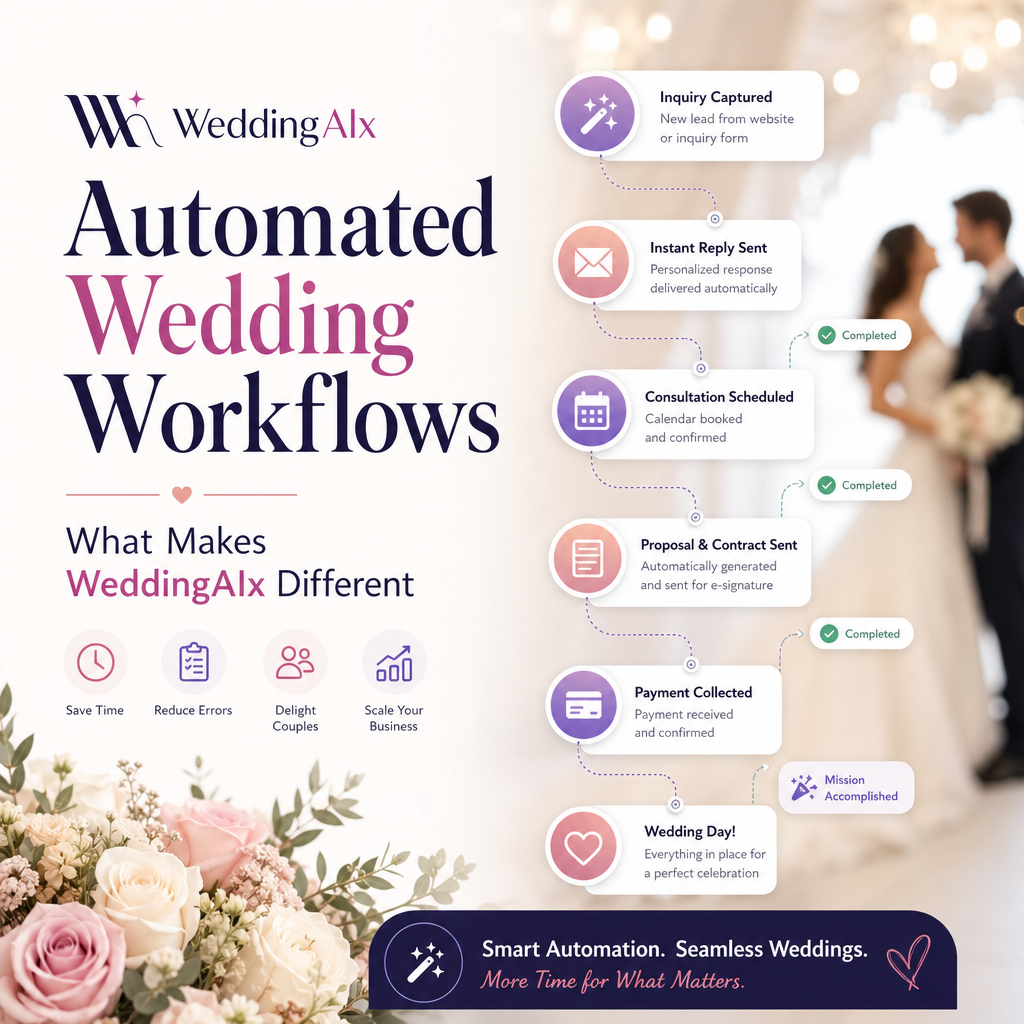 Infographic showing WeddingAIx automated wedding workflows for seamless event management