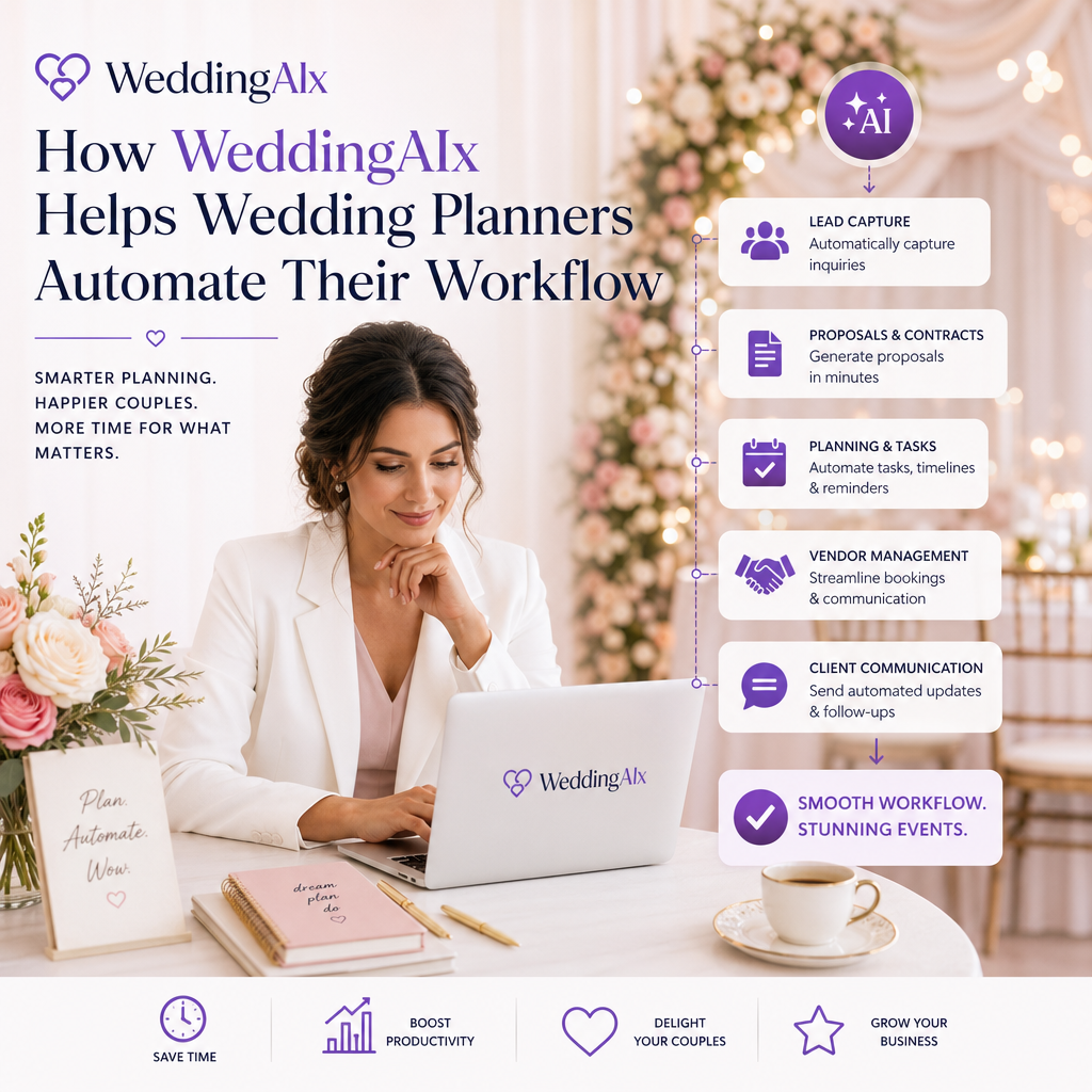 Wedding planner using WeddingAIx dashboard to automate leads, proposals, vendors, and client communication