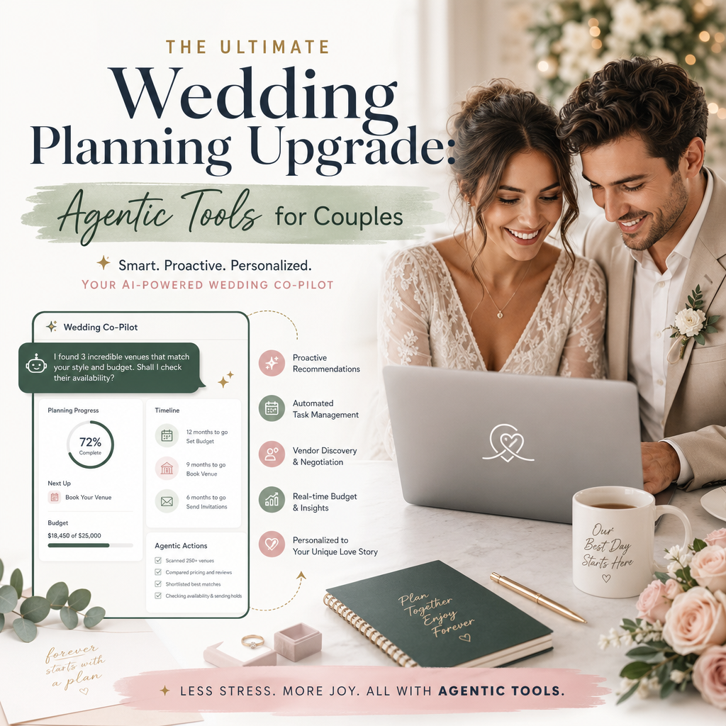 Couple using AI-powered wedding planning tools for a stress-free, personalized wedding upgrade