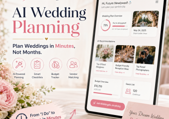 AI wedding planning app dashboard showing quick, budget-friendly, personalized wedding organization tools