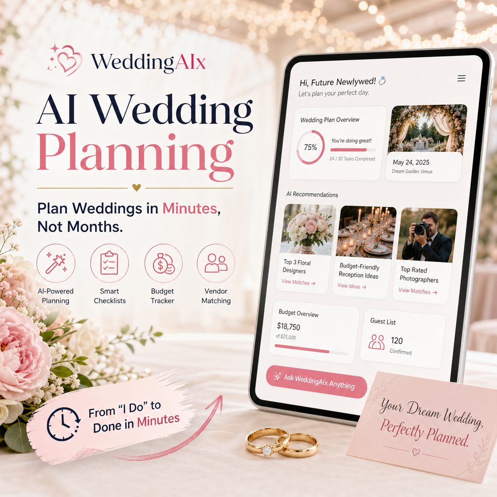 AI wedding planning app dashboard showing quick, budget-friendly, personalized wedding organization tools