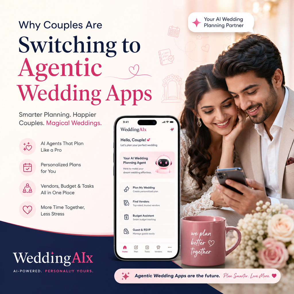 Happy couple using an agentic wedding planning app to organize their wedding together
